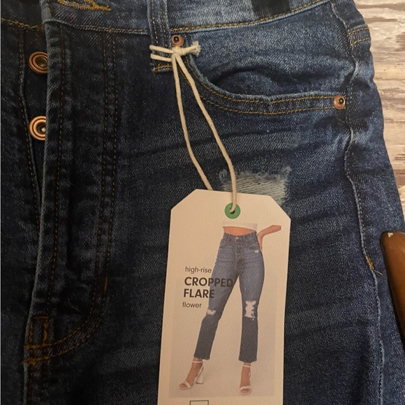 RE Generation High Rise Cropped Flare “Flower” Distressed Jeans, Dark Denim, - Picture 12 of 16